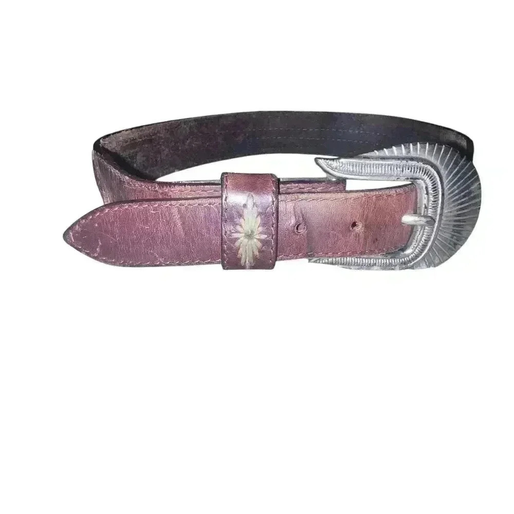 Vintage 90s Leegin Western Brown Leather Belt Beaded Silver Buckle Men 32 Native